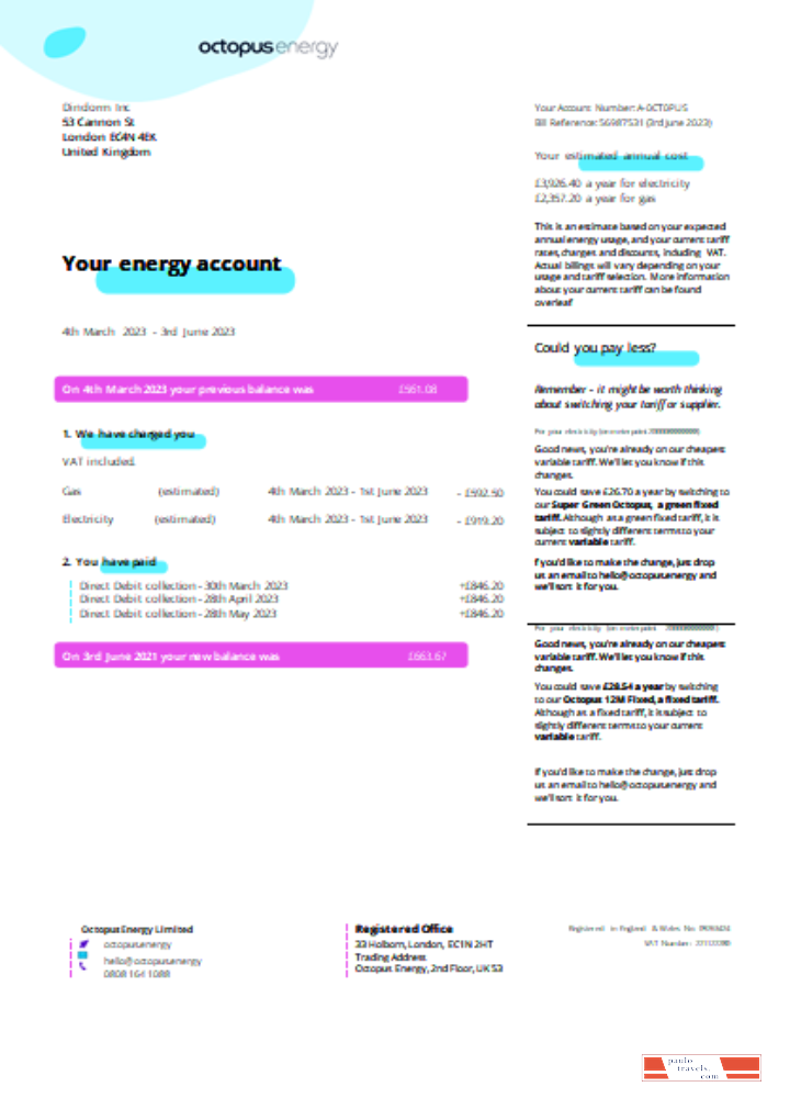 Octopus Energy utility business bill SCR page 1 PSD template